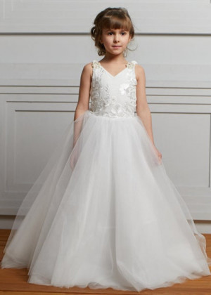 V Neck Beaded Ivory Embroidered Lace Tulle Flower Girl Dress